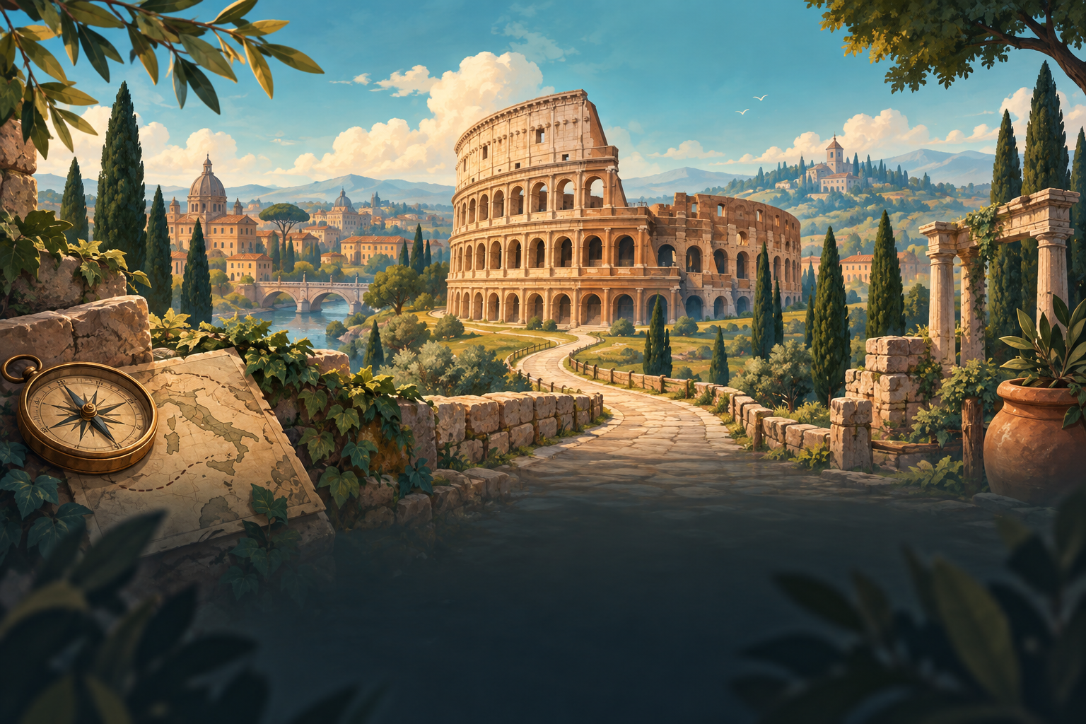 Illustrated view of Rome and the Colosseum